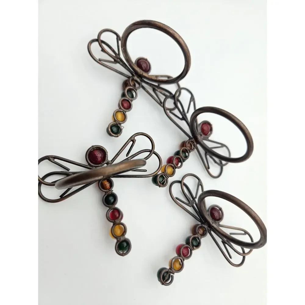 4pc Vintage Dragonfly Beaded Napkin Rings Metal & Beaded Red Amber Green